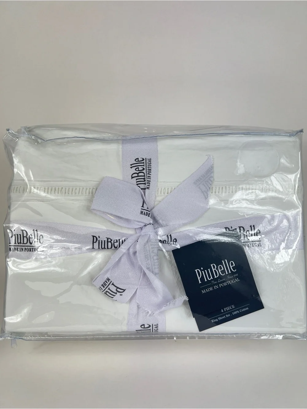 PiuBelle King Sheet Set Fine Linens White Portugal Stitch 100% Cotton 4pc NEW